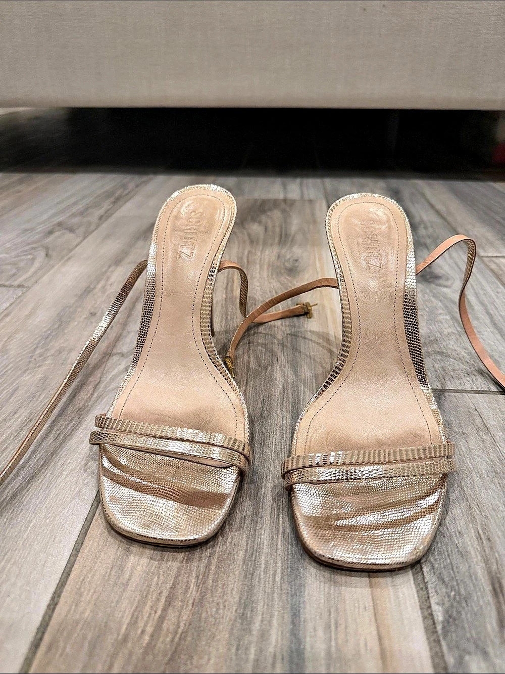 SCHUTZ Metallic Strappy Heels in Gold
